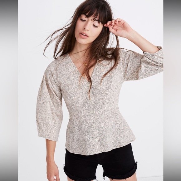 Madewell florentine peplum top daisy patch puff sleeve blouse button Size 2 - Picture 1 of 5